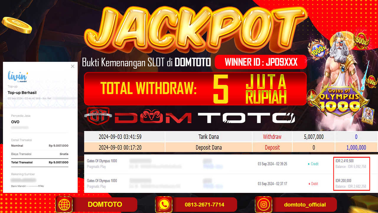 JACKPOT MENANG SLOT GATES OF OLYMPUS 1000 02 SEPTEMBER 2024